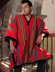 Red poncho - multicoloured stripes