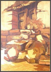 Stillebengem�lde: Zerfallenes Haus mit T�pfer und Kr�ger