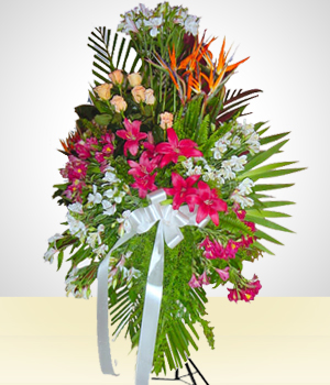 Crown Condolence Arrangement of Alstroemerias, Lilies and Roses