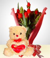 Blumen und Geschenke - Sweet Romance Set: Strau aus 6 Rosen + Kuscheltier.