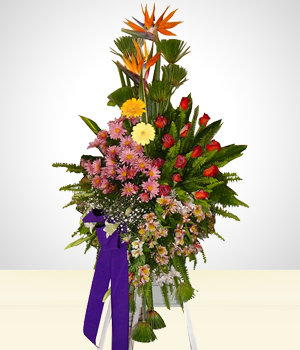 Condolence Flowers Arrangement with Roses & Gerberas in Tripod.