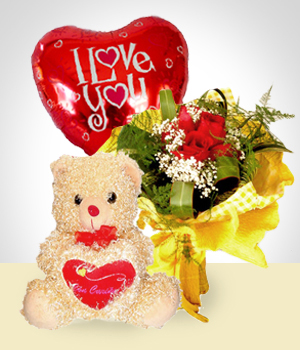 Tenderness Combo: 6 Roses Bouquet + Balloon + Teddy Bear