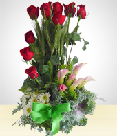 Red Roses - Variety: Arrangement of Roses and Lilies of the Nile: