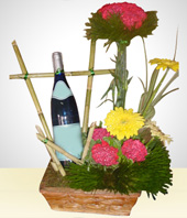 Arreglos Florales - Arreglo de Claveles con Vino Blanco