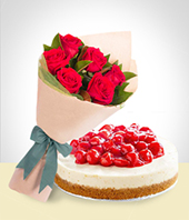Red Roses - Cheesecake + 6 Roses Bouquet