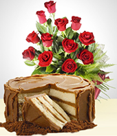 Rote Rosen - Zart ses Geschenkset: Kuchen + Blumenstrau bestehend aus 12 Rosen