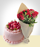 Cakes - Special Offer: Strawberry Cake + 6 Roses Bouquet