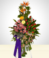 Condolences - Condolence Flowers Arrangement with Roses & Gerberas in Tripod.
