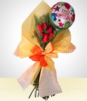 Fleurs - Cadeau danniversaire: Bouquet de 6 roses avec un Ballon Joyeux Anniversaire