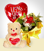 Saint Valentin - Coffret de Tendresse: Bouquet de 6 roses + Ballon + Peluche
