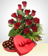 Red Roses - Perfect Match Combo: 12 Roses Bouquet + Chocolates