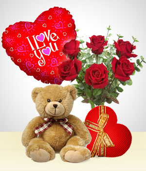 St. Valentine's - Silver Valentine Combo: 6 Roses Bouquet + Balloon + Teddy Bear+ Heart Chocolate box