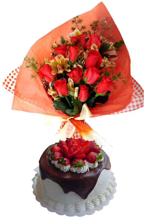 Cakes - Refinement Combo: Cake + 12 Roses Bouquet