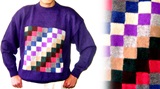 Purple sweater with multicolor squares