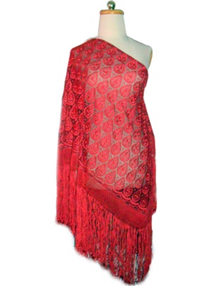 Mantilla de Seda y Macramé  Roja